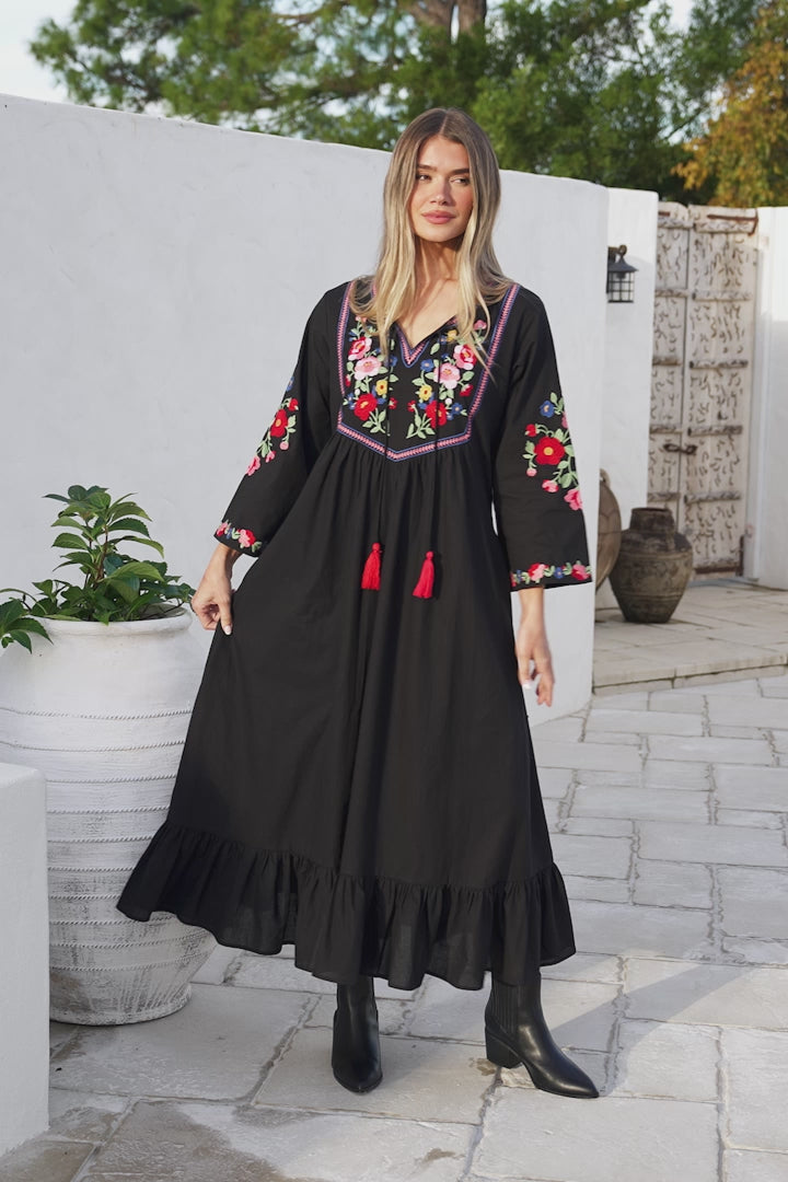 Azalea Midi Dress - Floral Embroidered Bodice Motif Shift Dress with Frill Hem in Black