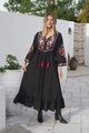 Azalea Midi Dress - Floral Embroidered Bodice Motif Shift Dress with Frill Hem in Black