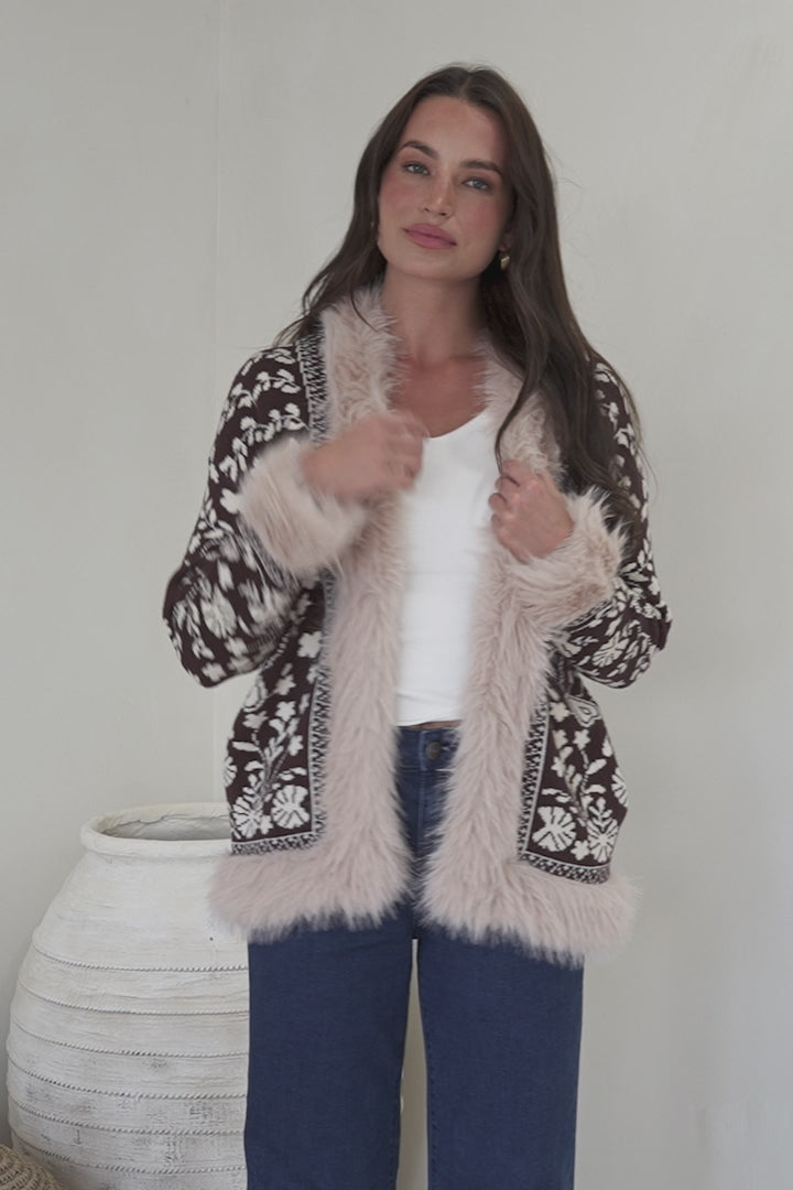 Wolfe Jacket - Faux Fur Trim Open Knit Jacket in Chocolate