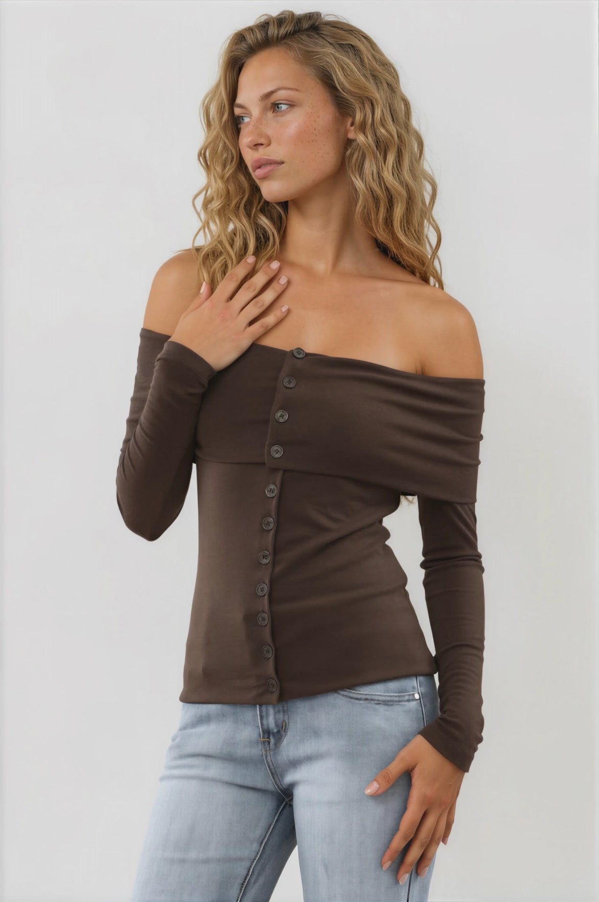 Nerola Top - Off Shoulder Button Down Top in Chocolate