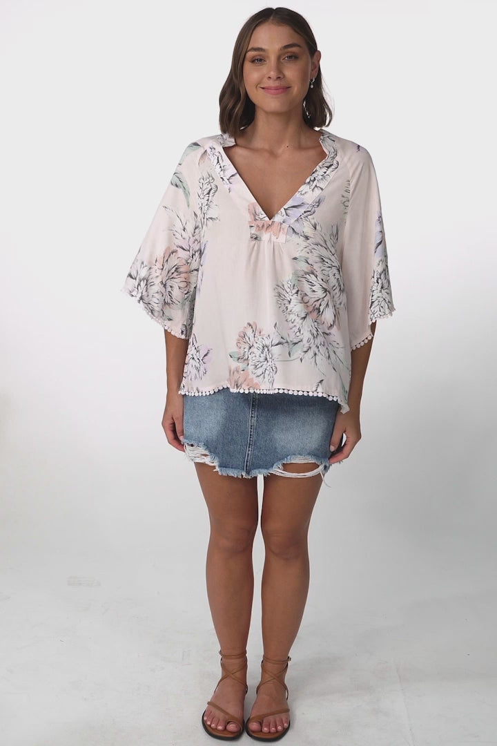 JAASE - Gabriella Top: Mandarin Collar Deep V Neck Crochet Trim Top in Blooming Bouquet Print