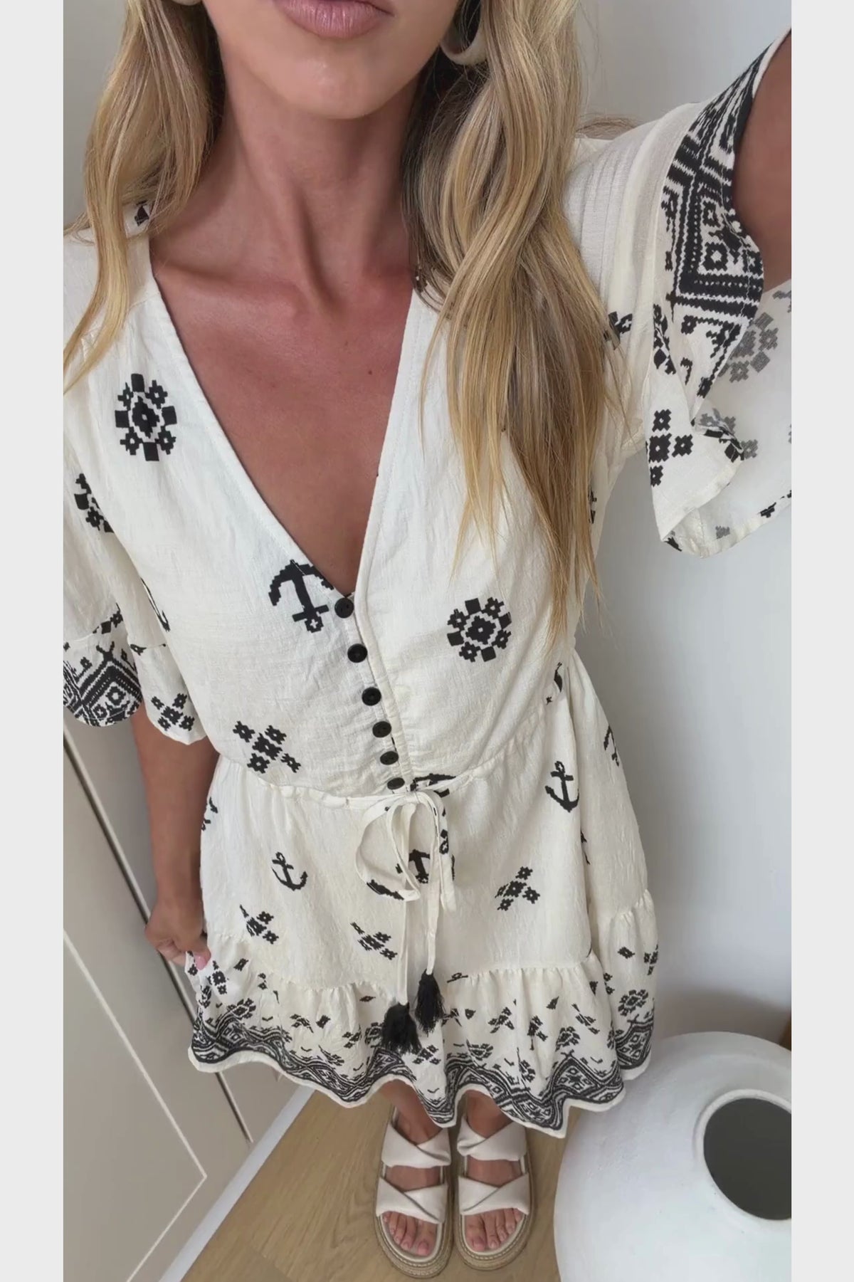 Scotlyn Mini Dress - V Neck Tasseled Drawstring Waist Mini with Pockets in Beige