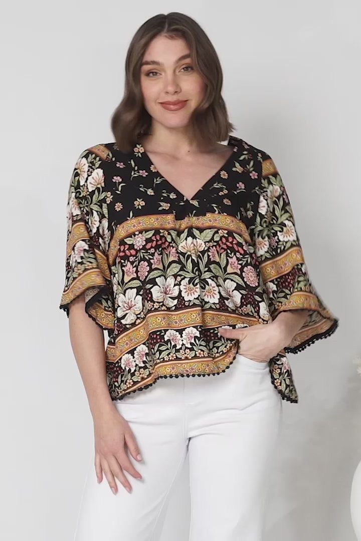 JAASE - Gabriella Top: Mandarin Collar Deep V Neck Crochet Trim Top in Eternity Print