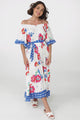 Palma Midi Dress - Off Shoulder Tiered Dress with Bell Sleeves and Belt in Kaimana Print