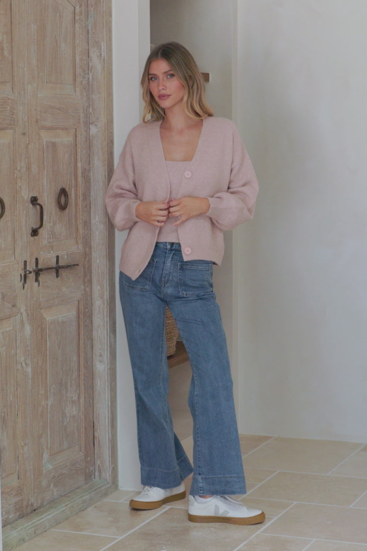 Indie Cardigan Set - Knit Top and Button Down Cardigan Set in Blush