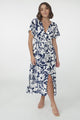 Anais Midi Dress - Cap Flutter Sleeve Button Down A Line Dress in Charis Print Blue