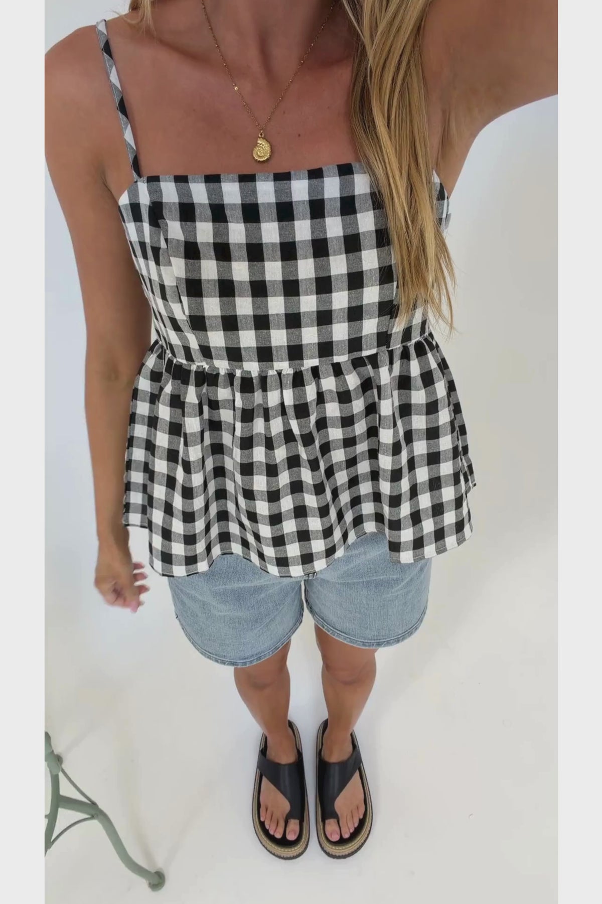 Nela Top - Square Neck Pelum Hem Top with Adjustable Spaghetti Straps in Black Gingham