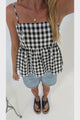 Nela Top - Square Neck Pelum Hem Top with Adjustable Spaghetti Straps in Black Gingham