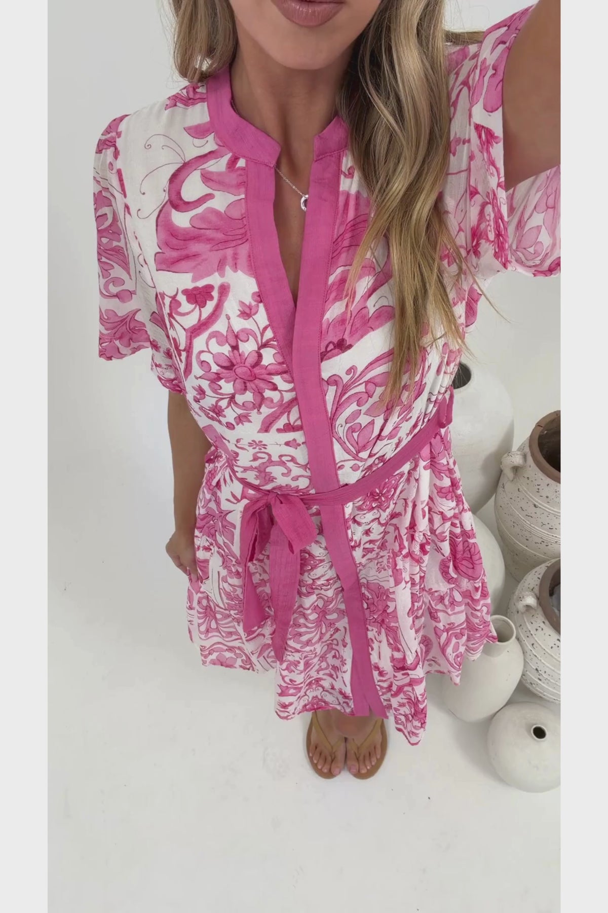 Floretta Mini Dress - Mandarin Collared Button Down Shirt Dress with Waist Tie in Fleurie Print