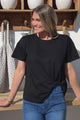 Tuck T-Shirt - Round Neckline Cotton Tee with Gathered Front Detail in Black