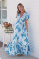 Kali Maxi Dress - Button-front Dress with Flutter Sleeves and Front Split in Colter Print Blue