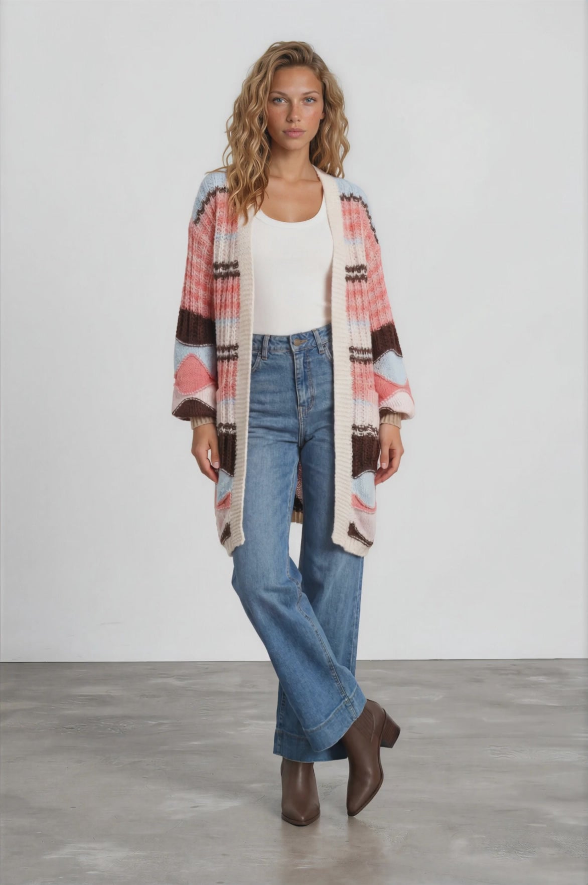 Bellatrix Cardigan - Open Front Multicoloured Stripe Knit with Pockets in Chocolate/Pink