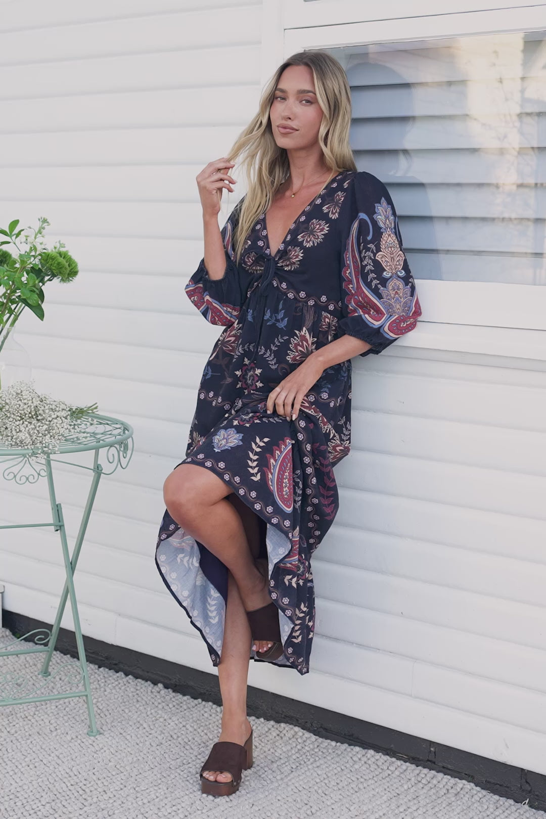 Thanya Midi Dress - V-Neck with Tie Balloon Sleeve Tiered Dress in Magah Print Navy