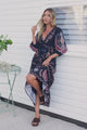 Thanya Midi Dress - V-Neck with Tie Balloon Sleeve Tiered Dress in Magah Print Navy