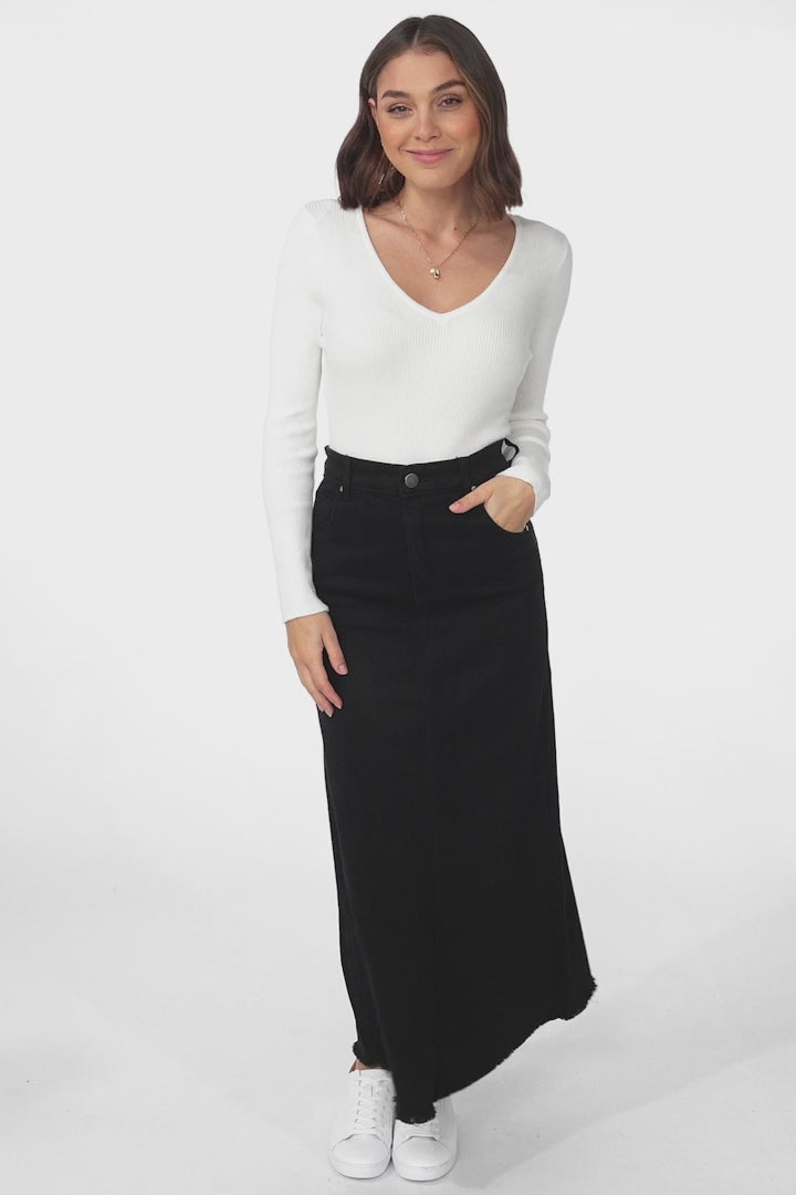 Granger Denim Maxi Skirt - High Waist Stretchy A-Line Skirt in Black