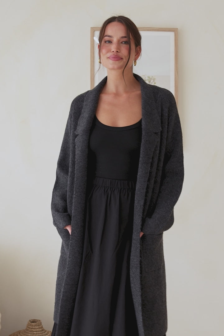 Samson Cardigan - Folded Lapel Collar Coatigan with Pockets in Charcoal