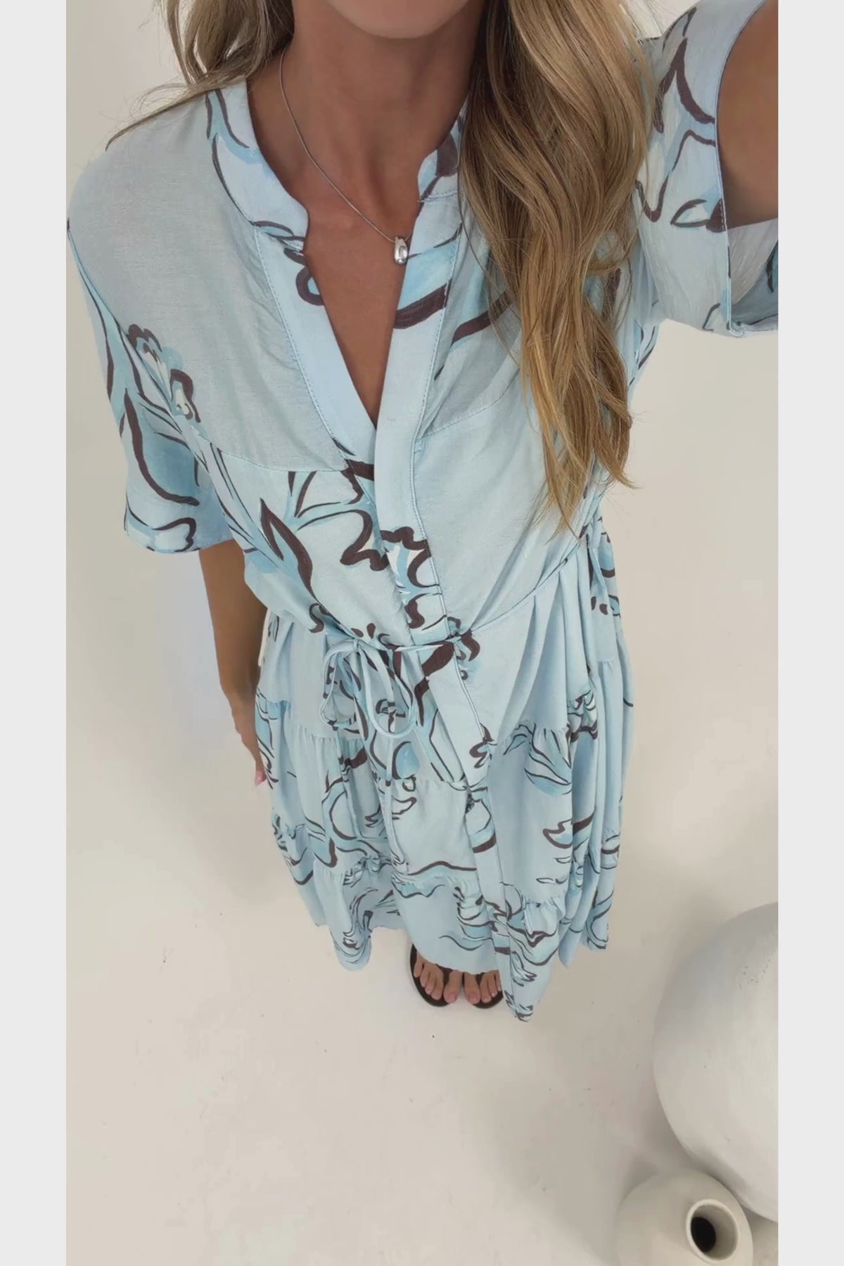 Malva Midi Dress - Split Collar Wavy Trim Detailed Shirt Dress with Waist Tie in Ocean Muse Print