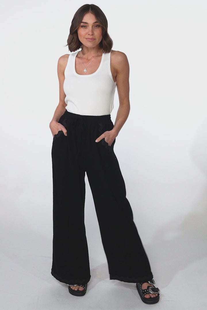 Bailie Linen Pants - Rick Rack Detailed Straight Leg Pants in Black