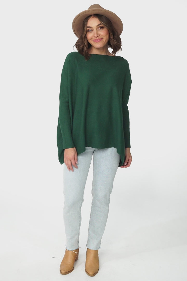 Belinda Knit Top - Boat Neckline Boxy Batwing Top in Dark Green