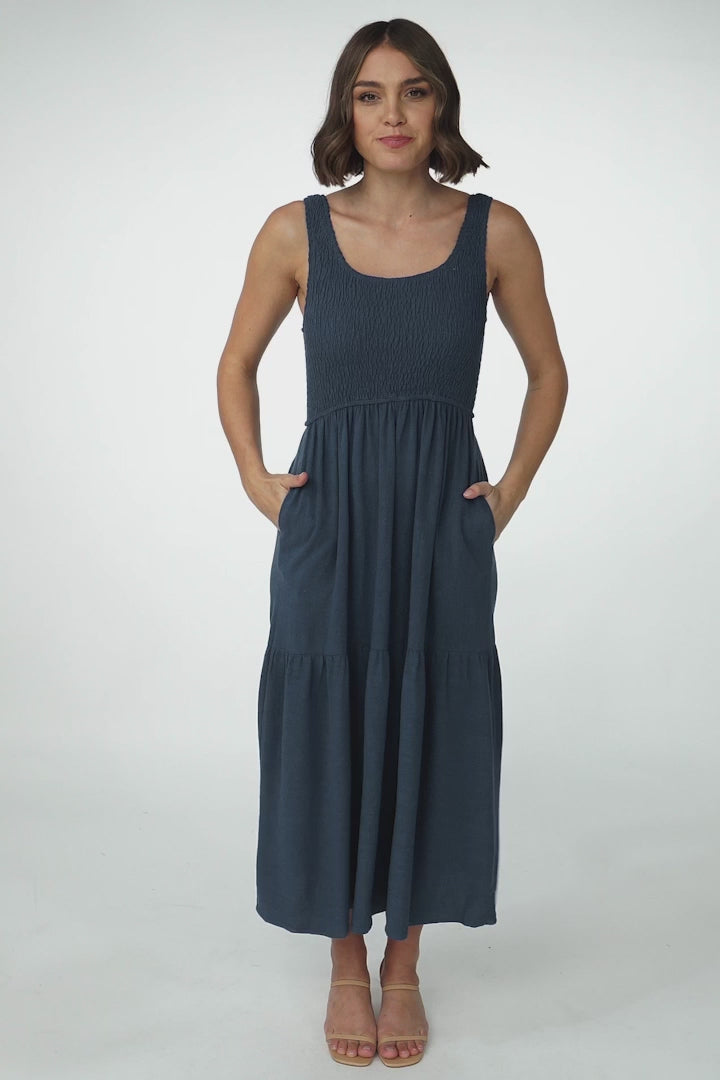 Ramsy Midi Dress - Linen Elasticated Bodice Tiered Sun Dress in Blue