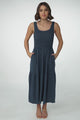 Ramsy Midi Dress - Linen Elasticated Bodice Tiered Sun Dress in Blue