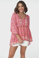 JAASE - Chloe Top: Very Oversized Crochet Trim Neckline Smock Top in Strawberries and Cream Print