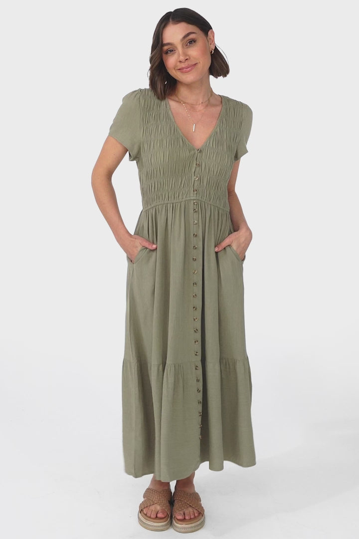 Stephan Midi Dress - Cap Sleeve Tortoiseshell Button-Down Tiered Dress in Olive