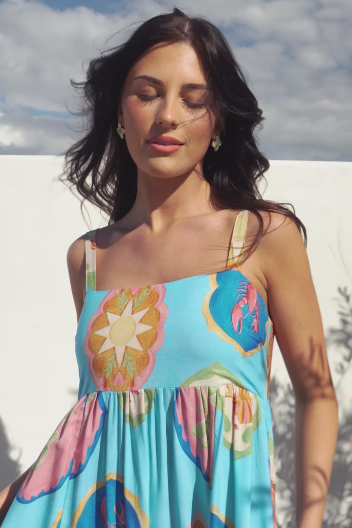 Ariel Maxi Dress - Adjustable Strap High Low Ruffle Hem Sun Dress in Boardwalk Print