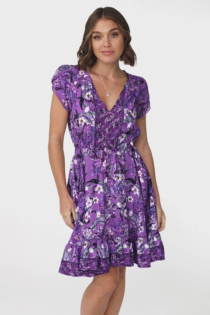 JAASE - Lizzie Mini Dress: Butterfly Cap Sleeve Button Down Dress with Pockets in Rhodium Print