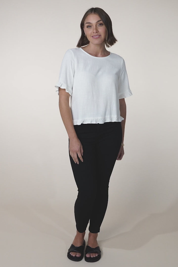 Adria Top - Frill High-Low Hem with Wooden Button Down Back Top in White