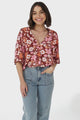 JAASE - Gabriella Top: Mandarin Collar Deep V Neck Crochet Trim Top in Pixie Print