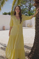 Rachel Maxi Dress - V-Neck 3/4 Sleeve Pull Tie Waist Tiered Dress in Lemon
