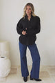 Morgan Blouse - Frill Collar Button Down Textured Blouse with Balloon Sleeves in Black