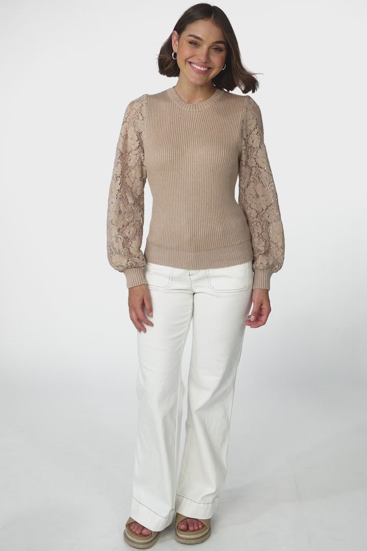 Larna Jumper - Knit Jumper with Lace Sleeves in Camel