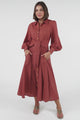 August Midi Dress - Collared Shirt Balloon Sleeve Dress with Waist Tie in Rust