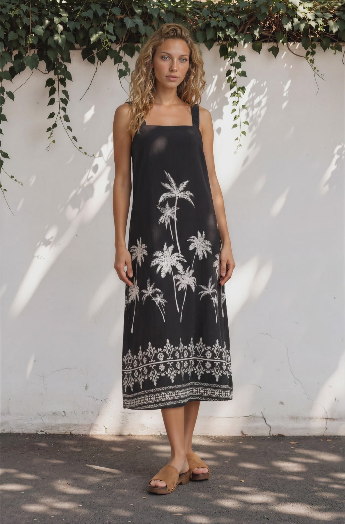 Bodie Midi Dress - Thick Adjustable Strap Sun Dress in Aviv Print Black
