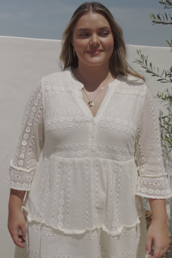 Emberly Mini Dress - Open-Work Lace Dress with Buttoned Bodice in Cream