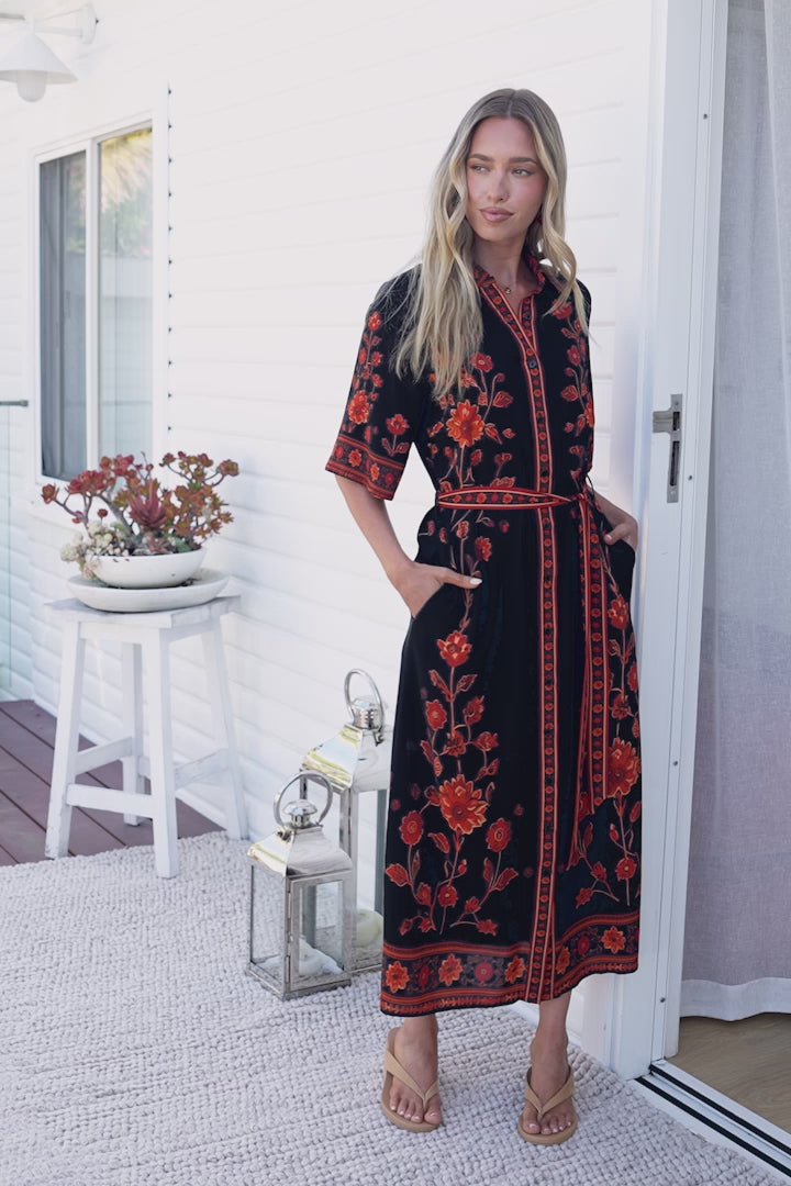 Kally Midi Dress - Collared Shirt Dress with Matching Waist Tie in Alexys Print