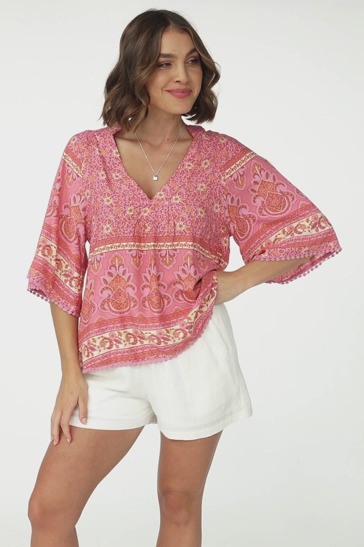 JAASE - Gabriella Top: Mandarin Collar Deep V Neck Crochet Trim Top in Strawberries and Cream Print
