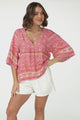 JAASE - Gabriella Top: Mandarin Collar Deep V Neck Crochet Trim Top in Strawberries and Cream Print