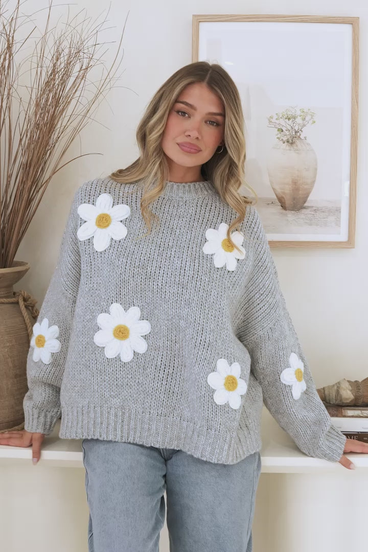 Amara Jumper - Crew Neck Floral Motif Knit with Ribbed Hemlines in Grey