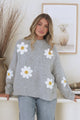 Amara Jumper - Crew Neck Floral Motif Knit with Ribbed Hemlines in Grey