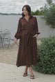 Skandi Midi Dress - Button Down Billow Sleeve Shirt Dress with Waist Tie in Chocolate