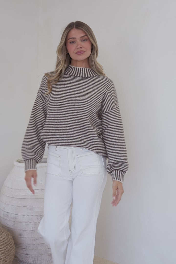 Stellan Jumper - Mock Neck Striped Ribbed Hem Knit in Cream/Chocolate