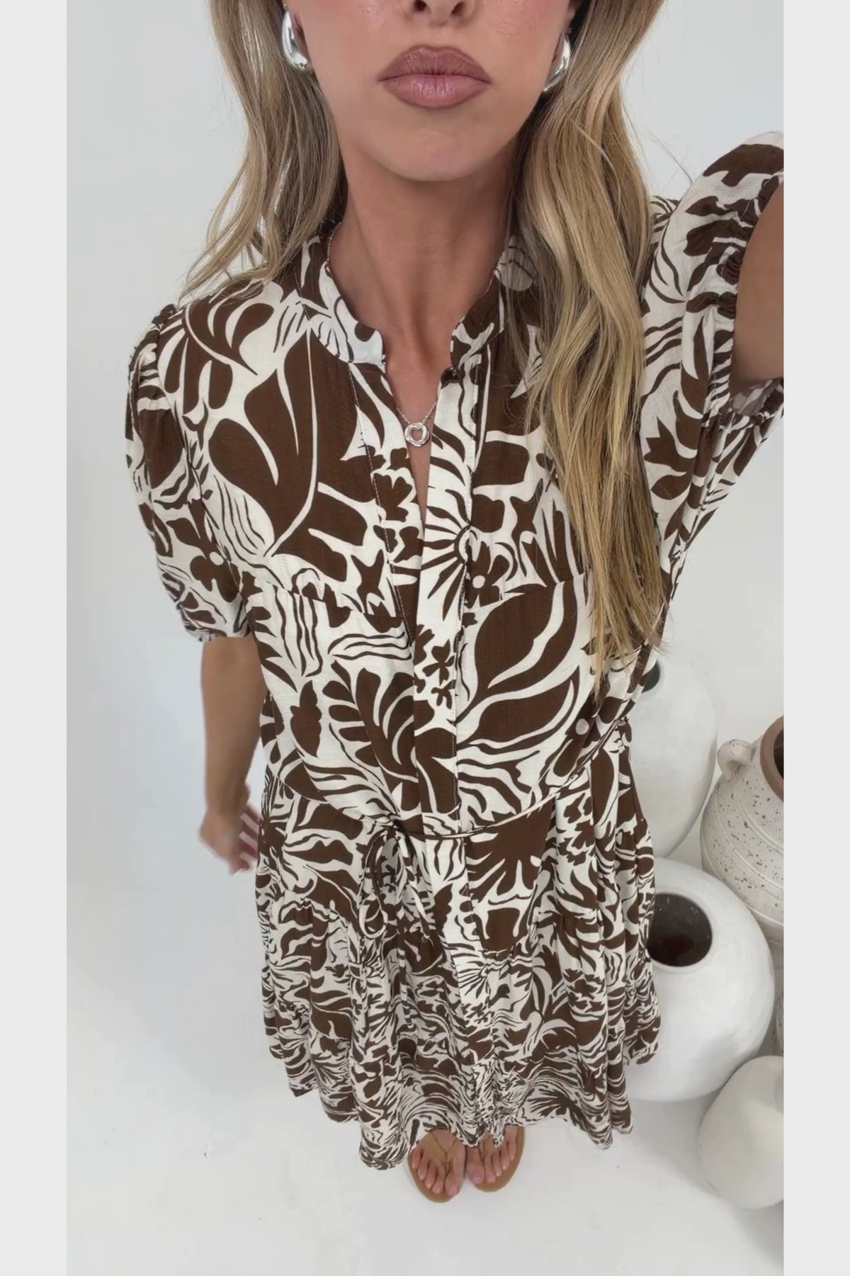 Andrea Midi Dress - Tiered Mandarin Collar Shirt Dress with Belt in Milos Print