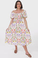 Shira Midi Dress - On Or Off Shoulder Elasticated Bodice Dress With Short Balloon Sleeves In Ayla Print White