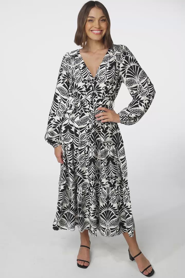 Freya Midi Dress -  V Neck A-Line Dress with Balloon Sleeves in Harriette Print Black