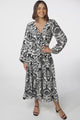 Freya Midi Dress -  V Neck A-Line Dress with Balloon Sleeves in Harriette Print Black