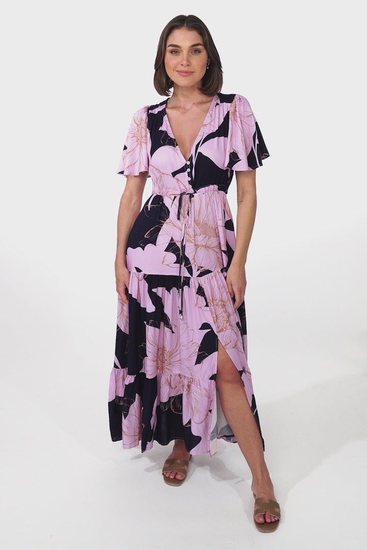 Ziggy Maxi Dress - Cap Sleeve Tiered Dress with Pull Tie Waist in Jaffa Print