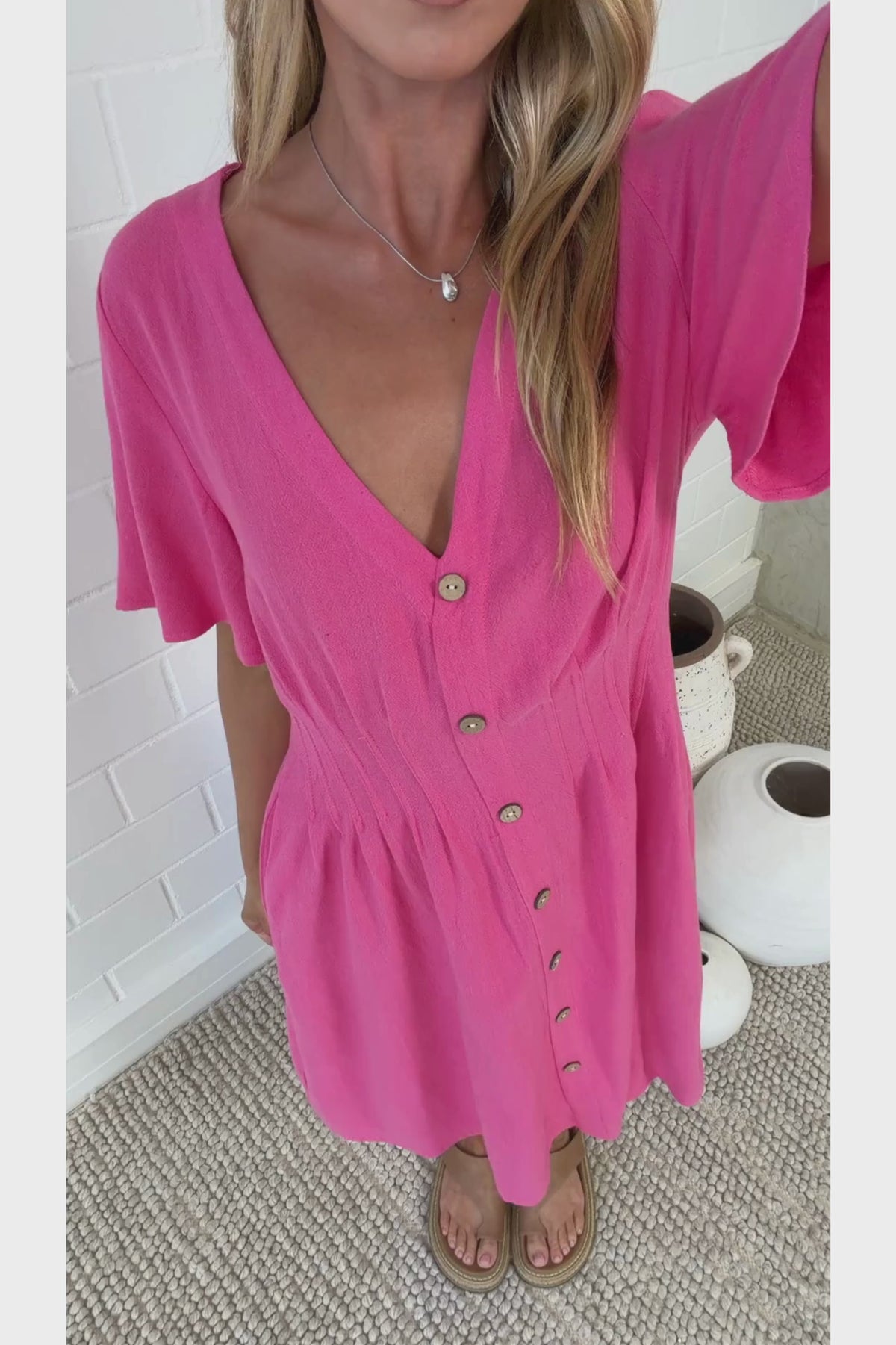 Karin Mini Dress - V Neck Flutter Sleeve Mini with Decorative Front Button Placket in Pink